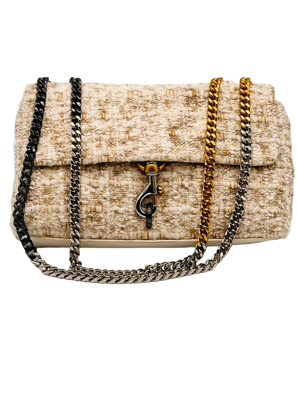 Rebecca Minkoff Edie Cream Tan Tweed Shoulder Crossbody Bag Mixed Metal Chain